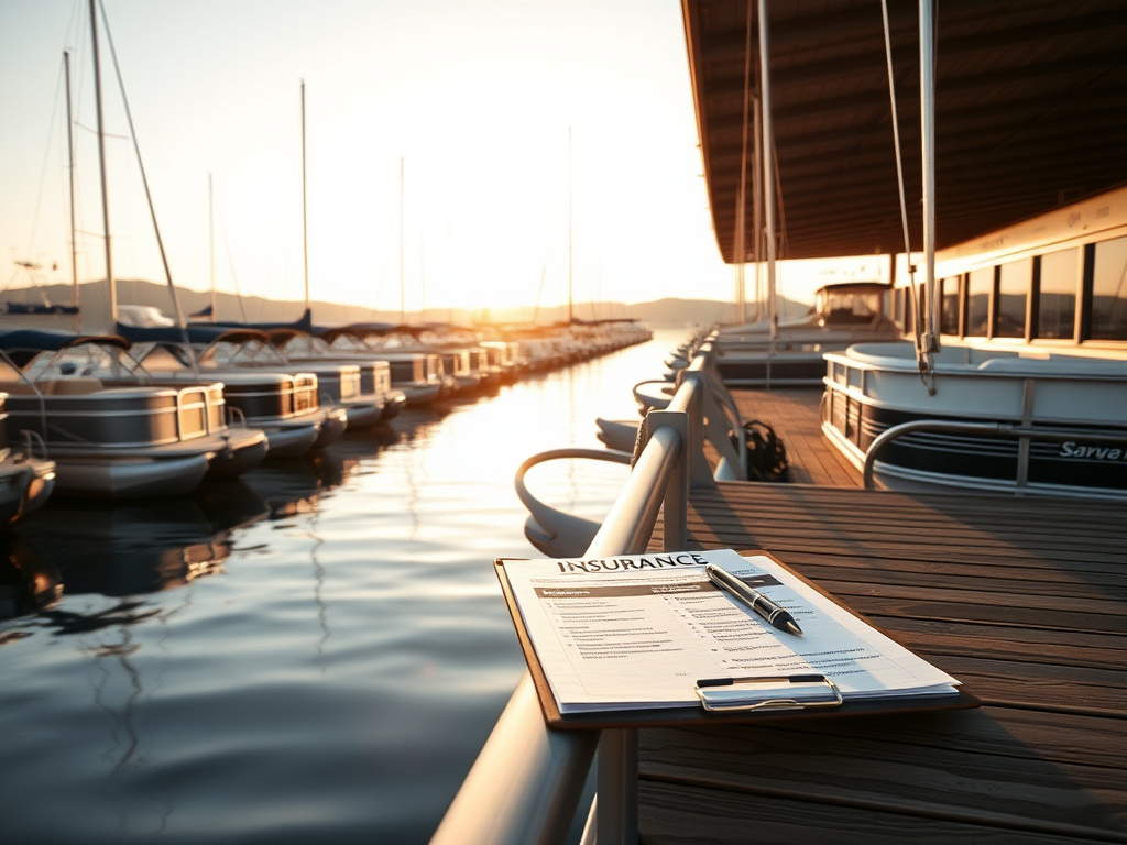 Marina dock with pontoon boats moored, insurance paperwork on a dock railing