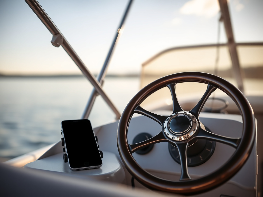 Pontoon boat helm and steering wheel with a smartphone nearby